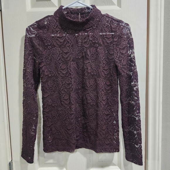LOFT Tops - LOFT Women XS Petite Brown Floral Lace Mock Neck Long Sleeve Blouse Top